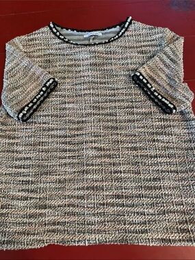 Zara Tweed Short Sleeve Top in Beige, Black and Cream with Pearl Trim large